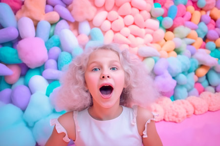 A little girl with blonde hair and a pink wig standing in front of a wall of candy. AI generative imageの素材