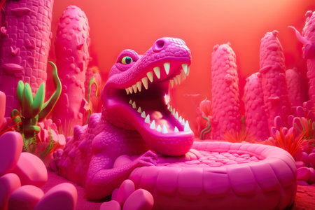 A pink dinosaur inflatable bed in a pink room. AI generative imageの素材