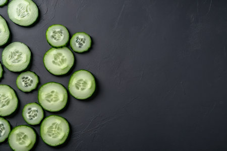 Cucumber slices are arranged on a black surface. AI generative imageの素材