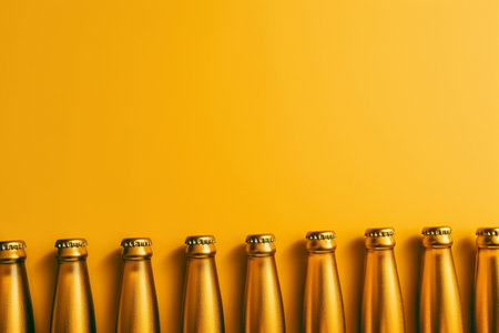 A row of gold bottles lined up against a yellow background. AI generative imageの素材