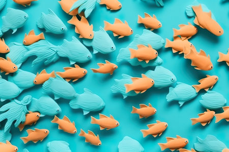 A group of small plastic fish on a blue surface. AI generative imageの素材