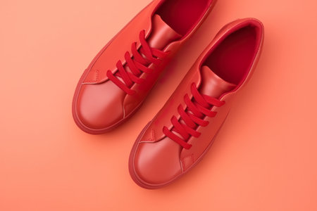 A pair of red shoes on a pink background. AI generative image . A lot of copy space.の素材