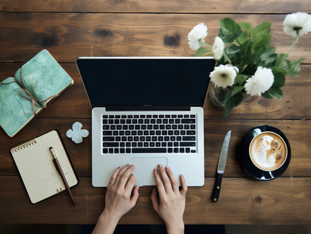 A person typing on a laptop on a wooden table. AI generative imageの素材
