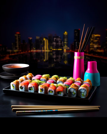 A plate of sushi and chopsticks on a table. AI generative imageの素材