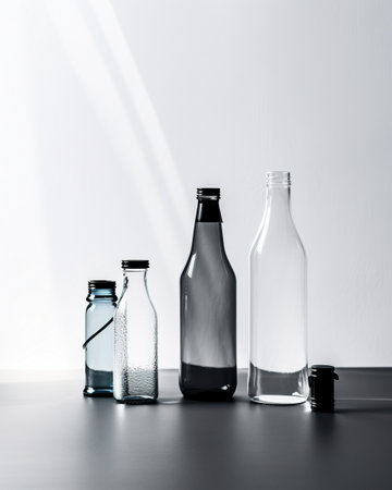 A group of glass bottles sitting on top of a table. AI generative imageの素材
