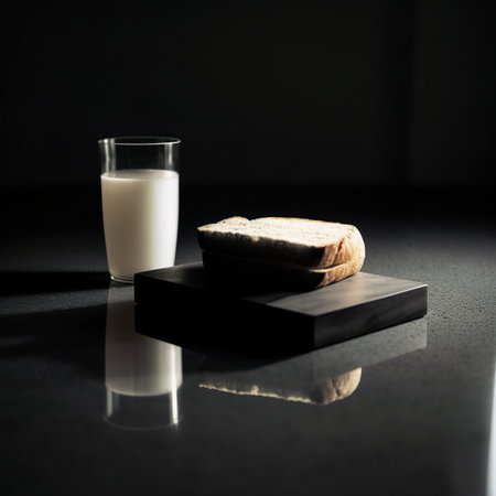 A glass of milk and a piece of bread on a table. AI generative imageの素材