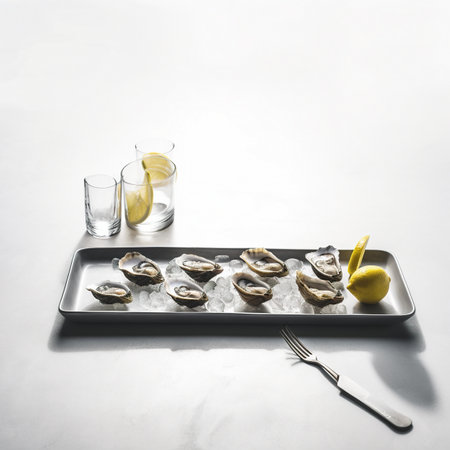 A tray of oysters with lemon wedges and a glass of water. AI generative imageの素材