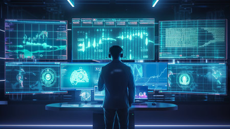 A man standing in front of multiple monitors. AI generative imageの素材