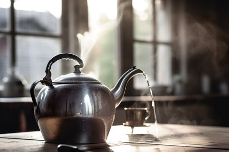 A tea pot with a handle on a wooden table. AI generative imageの素材