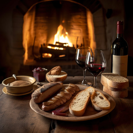 A plate of bread, wine, and bread on a table in front of a fireplace. AI generative imageの素材