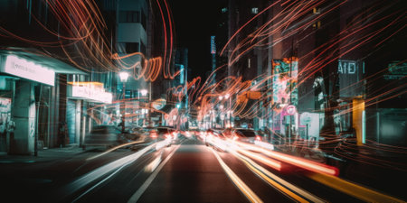 A blurry photo of a city street at night. AI generative image.の素材