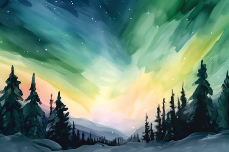 A painting of an aurora bore over a snowy landscape. AI generative image.の素材