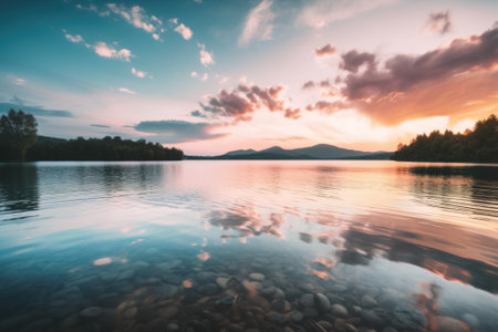 A sunset over a lake with rocks in the water. AI generative image.の素材