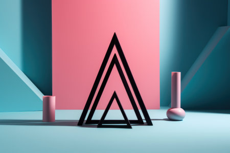 A pink and blue room with geometric shapes. AI generative image.の素材