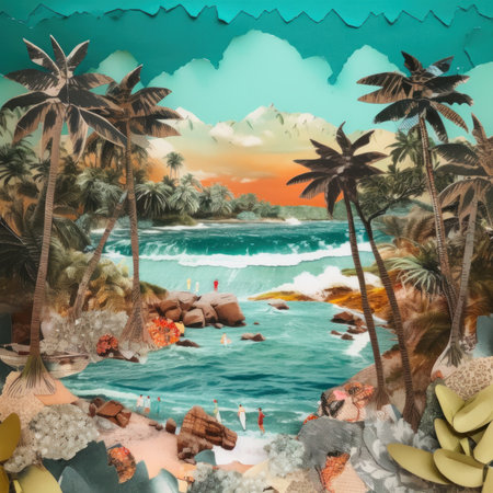 A painting of a beach scene with palm trees. AI generative image.の素材