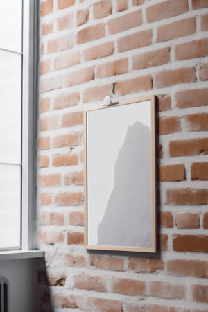 A picture hanging on a brick wall next to a radiator. AI generative image. Mockup.の素材