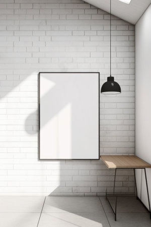 A picture frame hanging on a wall in a room. AI generative image. Mockup.の素材