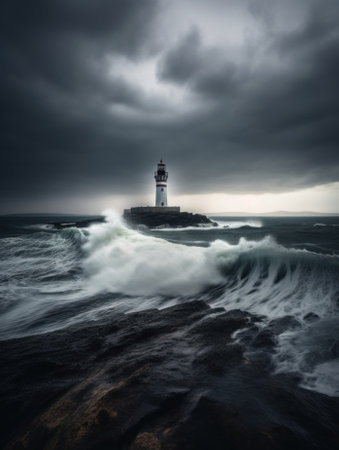 A lighthouse on a rock in the middle of the ocean. AI generative image.の素材