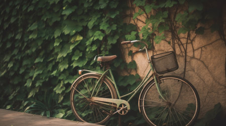 A bicycle parked next to a wall covered in ivys. AI generative image.の素材
