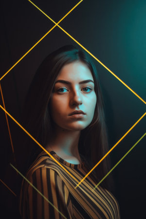 A woman with long hair and a striped shirt. AI generative image. Positioned by mathematically right composition.の素材