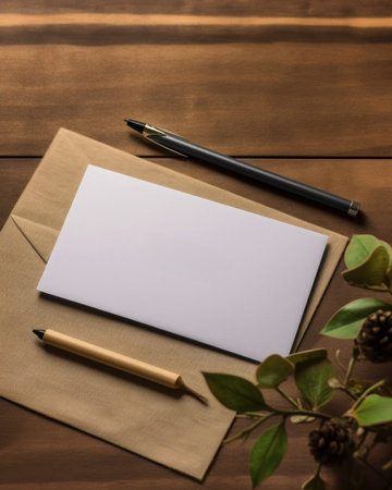 A notepad with a pen and a cup of coffee on a wooden table. AI generative image. Mockup.の素材
