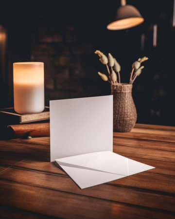 A blank card sitting on top of a wooden table. AI generative image. Mockup.の素材