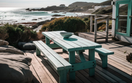 A wooden table sitting on top of a wooden deck. AI generative image.の素材
