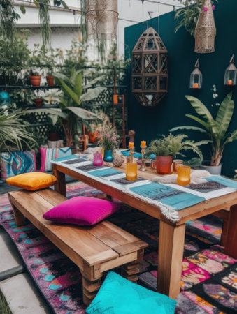 A wooden table with colorful pillows on it. AI generative image.の素材