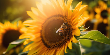 A bee on a sunflower in a field. AI generative image.の素材