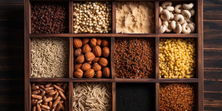 A wooden box filled with assorted nuts and seeds. AI generative image.の素材