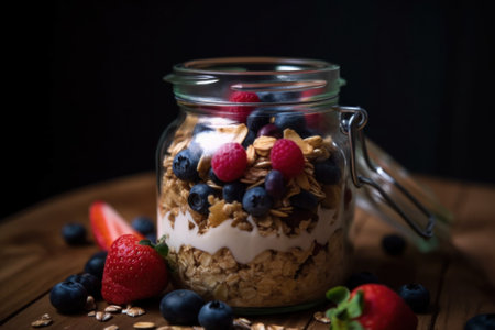 A glass jar filled with granola and berries. AI generative image.の素材