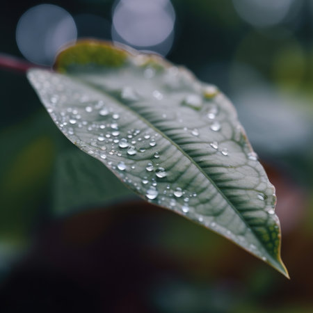A close up of a leaf with water droplets on it. AI generative image.の素材
