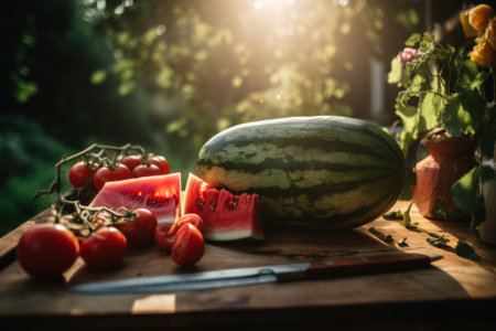 A watermelon, tomatoes, and a knife on a cutting board. AI generative image.の素材