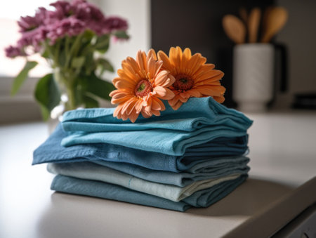 A stack of folded towels with flowers in the background. AI generative image.の素材