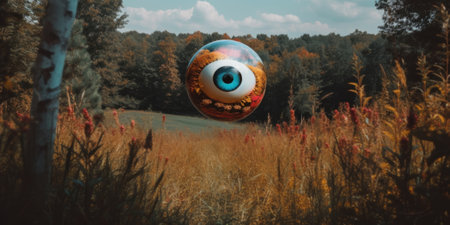 A giant eyeball in a field with trees in the background. AI generative image.の素材