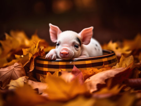A small pig is sitting in a bowl of yellow leaves. AI generative image.の素材