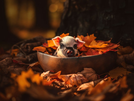 A small dog is sitting in a bowl of leaves. AI generative image.の素材