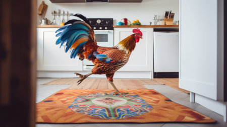 A rooster standing on a rug in a kitchen. AI generative image.の素材
