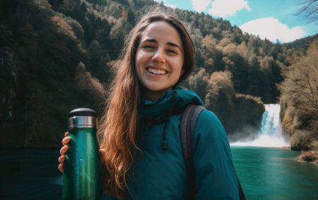 A woman is holding a water bottle and smiling. AI generative image.の素材