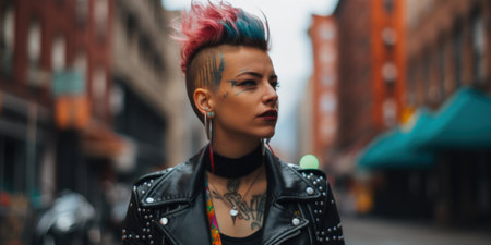 A woman with pink hair wearing a leather jacket. AI generative image.の素材