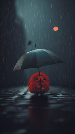A small roung cartoon character holding an umbrella in the rain. AI generative image.の素材