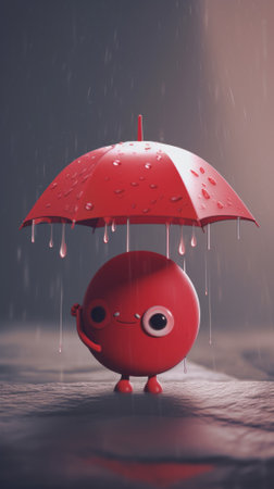 A small roung cartoon character holding an umbrella in the rain. AI generative image.の素材