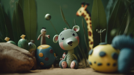 A close up of a toy animal near other toy animals. AI generative image.の素材