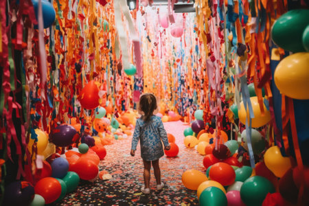 A little girl standing in a room full of balloons. AI generative image.の素材