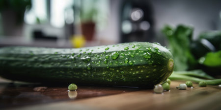 A close up of a cucumber on a table. AI generative image.の素材