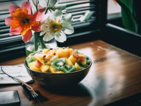 A bowl of fruit sitting on top of a wooden table. AI generative image.の素材