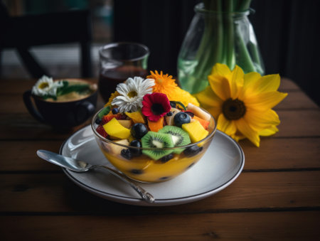 A bowl of fruit on a plate next to a vase of flowers. AI generative image.の素材