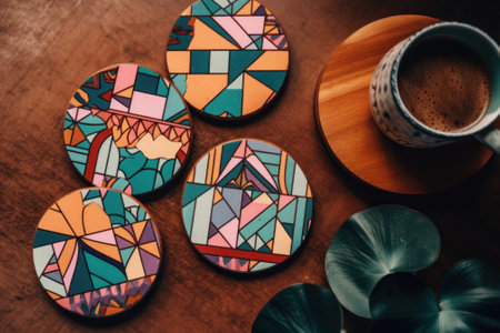 Four coasters sitting on top of a table next to a cup of coffee. AI generative image.の素材