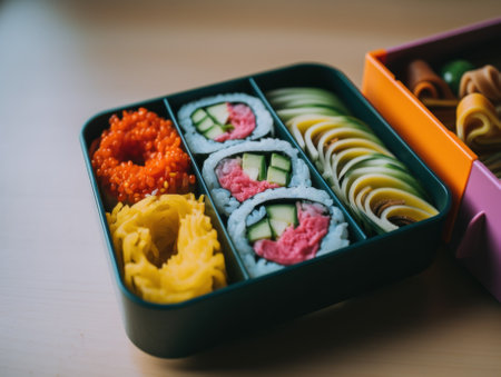 A bento box filled with different types of food. AI generative image.の素材