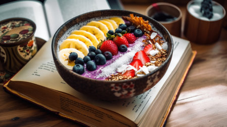 A bowl of fruit and yogurt on top of an open book. AI generative image.の素材